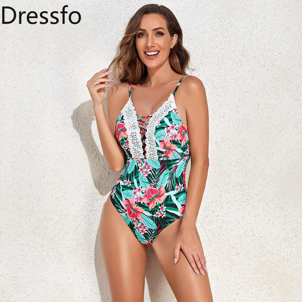 

Dressfo Tropical Flower Leaf Print Vacation One-piece Swimsuit Lattice Lace Panel Padded One-pieces Swimwear Bathing Women 2023