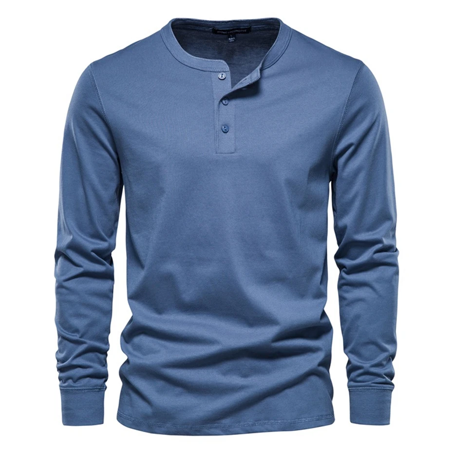 

Long Sleeve T-shirt Summer Henry Collar T Shirt Men Solid Color Tees Tops Fashion Causal Tshirt Cotton