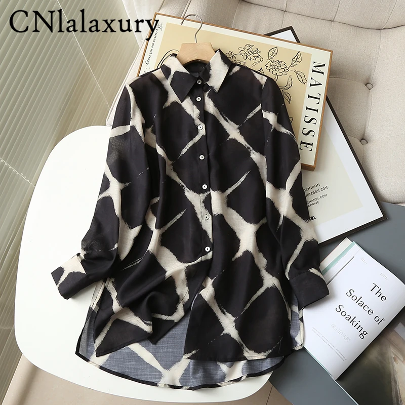 

CNlalaxury 2022 Autumn Woman Printed Shirt Long Sleeves Leisure Asymmetrical Blouse Chic Office Lady Commute Top Female Blusas