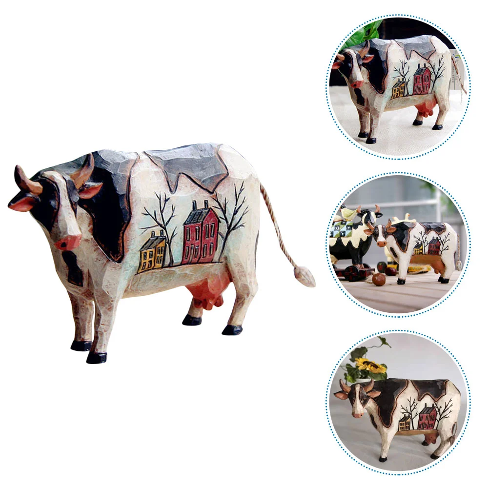 

Cow Animal Farm Statue Figurine Sculpture Figure Farmhouse Wooden Cattle Decor Rustic Figurines Carving Toy Lucky Charms Shui