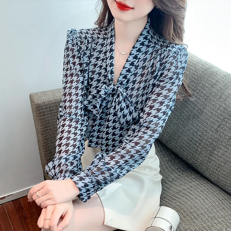 

Осенняя Поплиновая женская блузка, Новая повседневная модная рубашка с принтом «гусиная лапка», топы с бантом