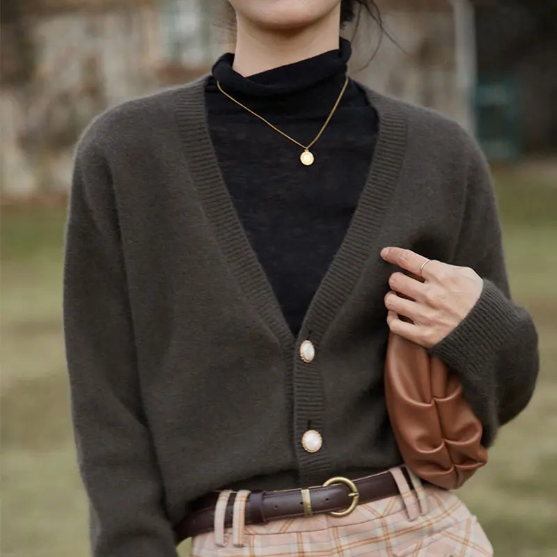 Женский кашемировый свитер с длинным рукавом и V-образным вырезом