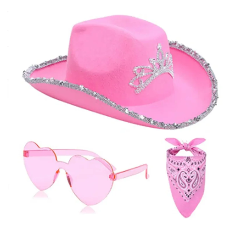 

Western Cowboy Hat Pink Crown Cowboy Hat Feather Edge Letter Cowboy Hat Sequin Pink Hat Bachelorette Party Dress Up