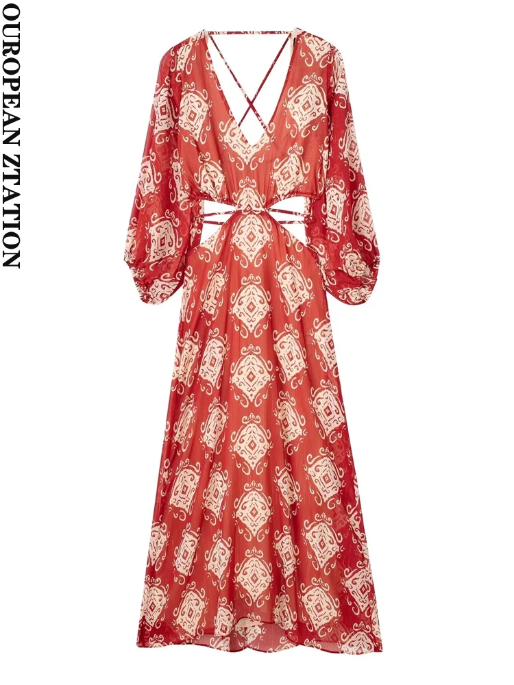 

PAILETE Women 2023 fashion hollow out printed midi dress vintage backless v-neck long sleeves female dresses vestidos