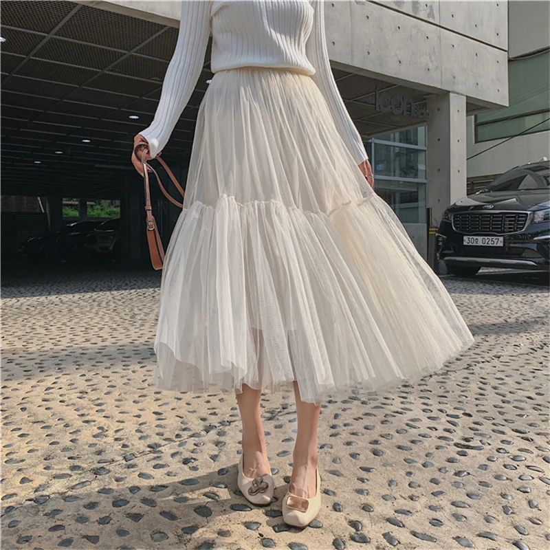 

Fairy Mesh Pleated Puffy Skirt Long Skirt 2022 Spring and Summer Mid-length Large Swing A-line Skirt for Young Women SXHBSQ770