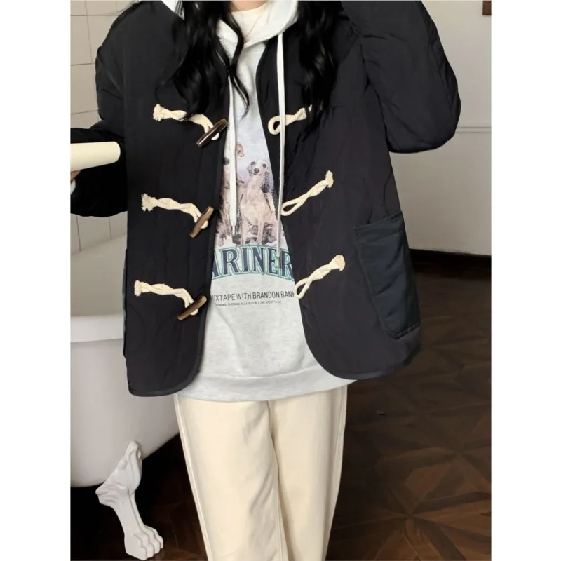 Cow Horn Button Rhombic Cotton Jacket For Women In Autumn Winter Vintage Style Medium Length Loose And Versatile Cotton Jacket