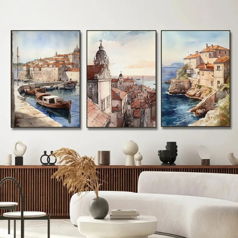 Акварель средиземноморский Дубровник старый город лодка берег городская пейзаж