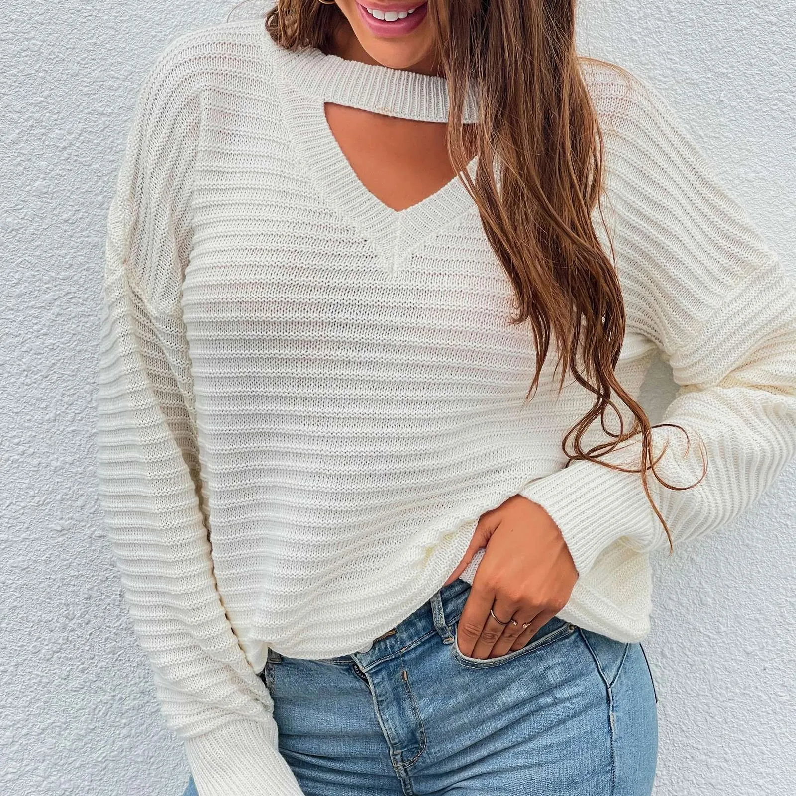 

Женский Осенний пикантный вязаный свитер с V-образным вырезом, Модный повседневный однотонный Свободный пуловер с длинным рукавом