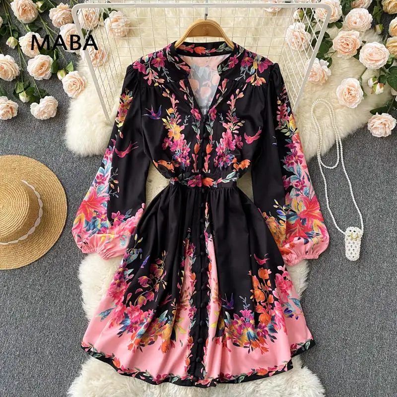 

Runway Dresses Women Spring Autumn V-neck Lantern Sleeve High Waist Vintage Print Floral Black Single Breasted Short Dress Robes