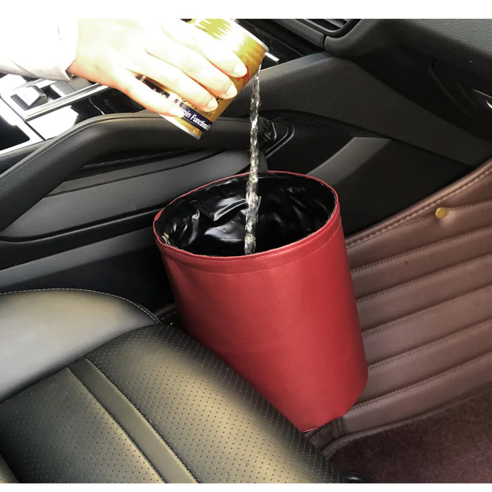 

Car Seat Waterproof Trash Can Compression Fold Garbage Holder Basket Mini Hanging Storage Bin Leather Waste Container For Auto