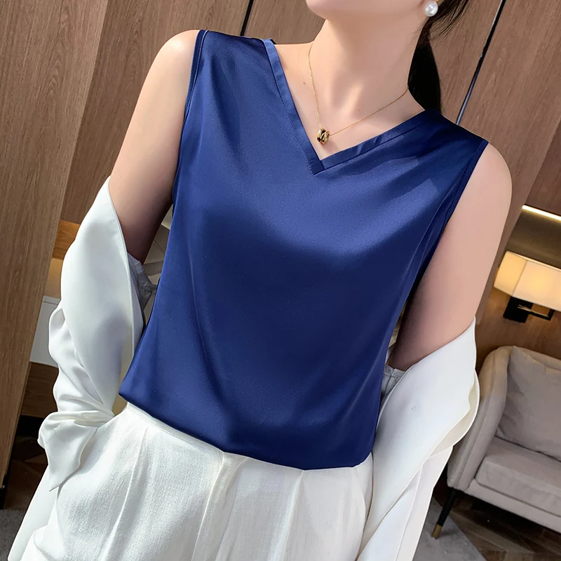 Майка женская с V-образным вырезом Элегантная модная базовая белая атласная