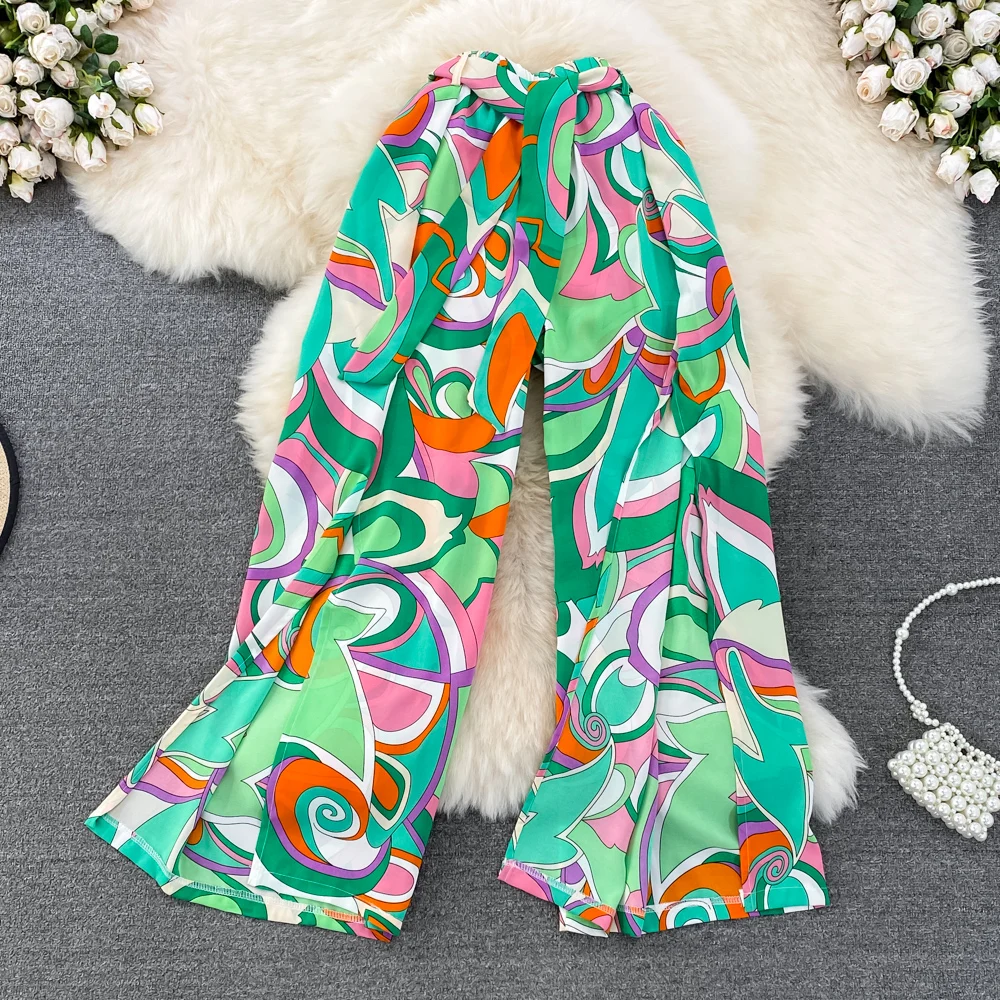 

Beach Vacation Wide Leg Pants Women's Vintage Style High Waist Slim Split Print Straight Leg Pants Casual Cropped Pants Summer