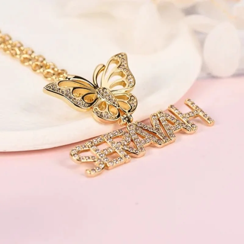 925 Silver Zircon Butterfly Name Necklace Turn Name Pendant Custom Sterling Silver Cuban Chain Personalized Name Girlfriend Gift