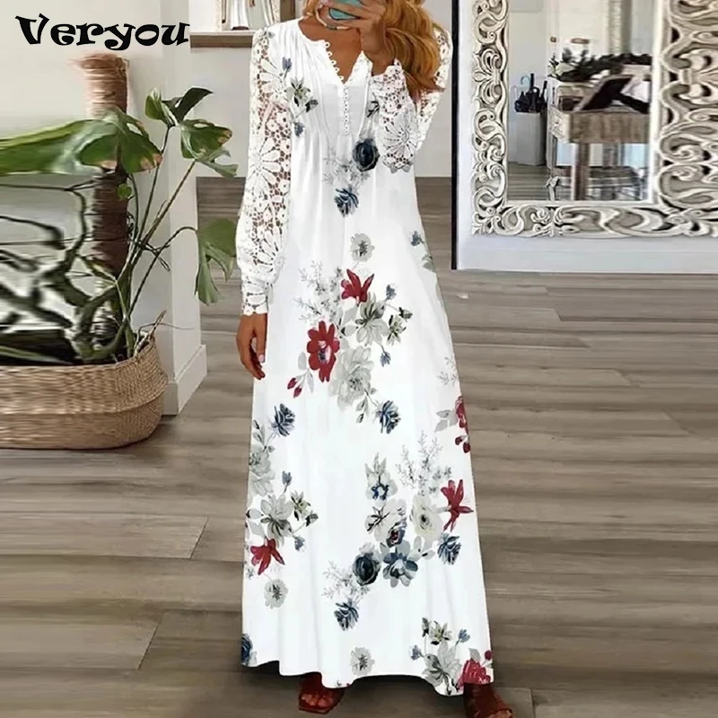 

Lady Elegant Button V Neck Lace Long Dress Casual Embroidery Stitching Hollow Out Party Dress Women Loose Long Sleeve Maxi Dress