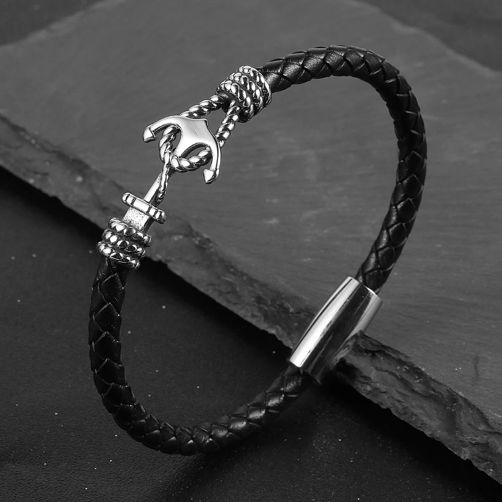 

Steampunk Black Brown Thin Anchor Leather Male Bracelet Homme Surgical Steel Magnetic Clasp Friendship Bangles Men Accessories