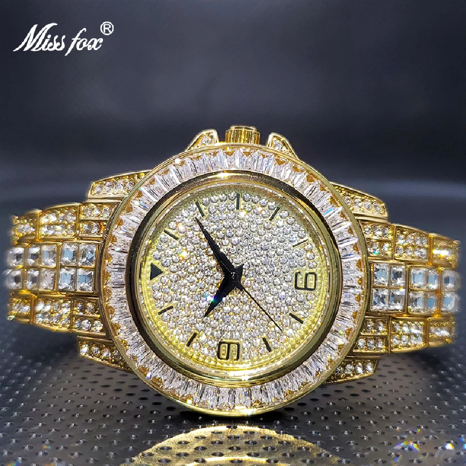 

MISSFOX Men Watch Luxury Brand Gold Full Diamond Street Hip Hop Style Quartz Watches Accessories Droshipping Rl��gios Masculino
