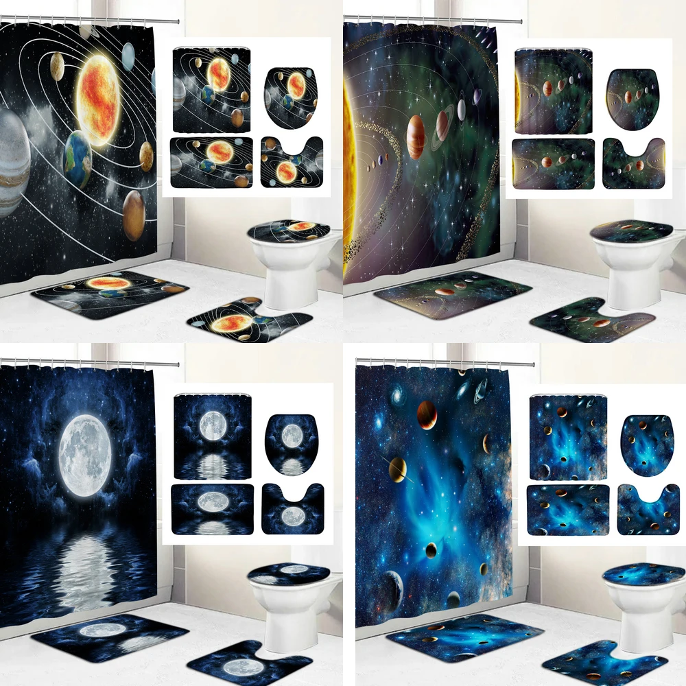 

Fantasy Earth and Moon Galaxy Cosmic Space Sky Shower Curtains Bathroom Curtain Set Bath Mats Rug Bathtub Accessories Home Decor