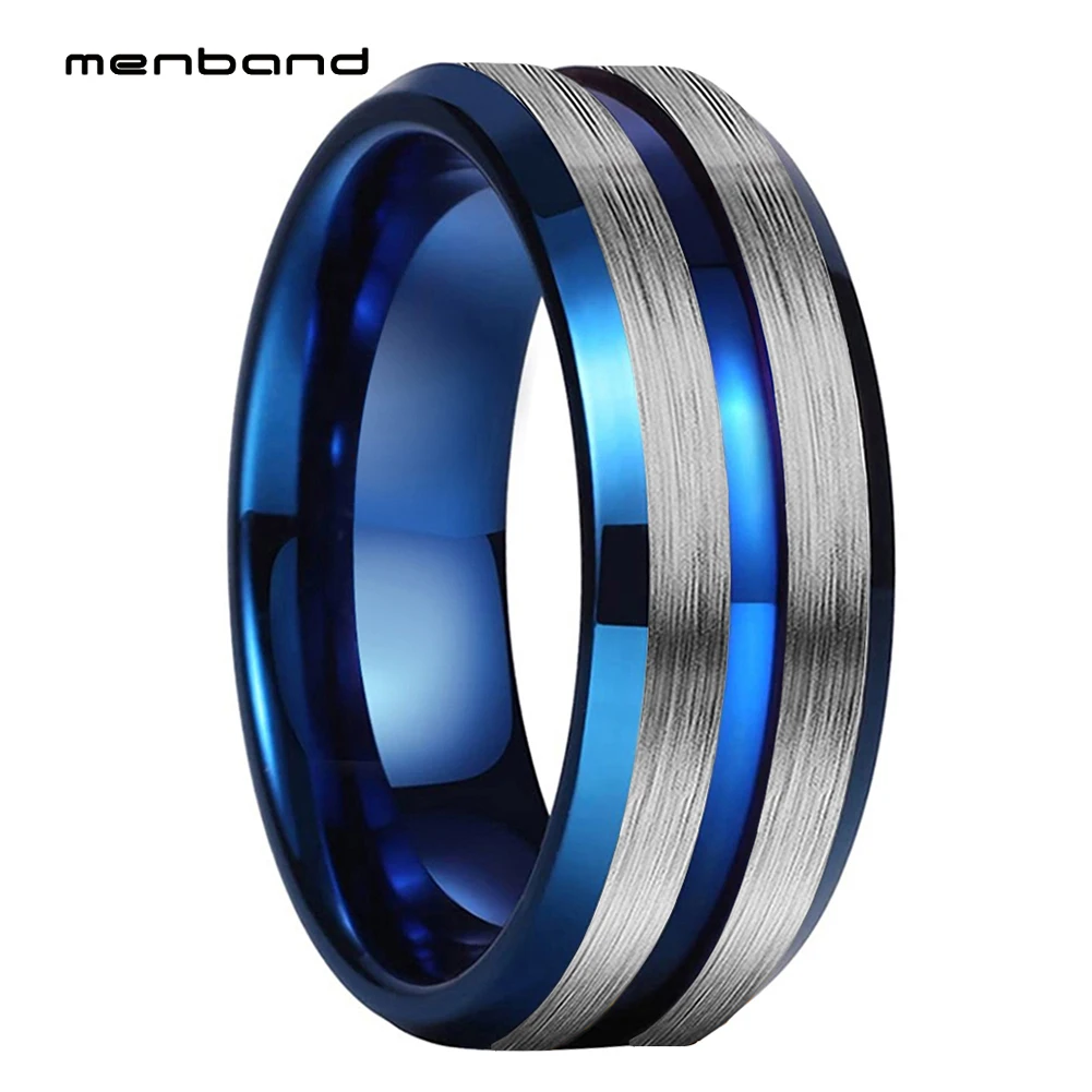 

8MM Blue Tungsten Carbide Ring For Men And Women With Center Grooved Bevel Edges Brushed Comfort Fit