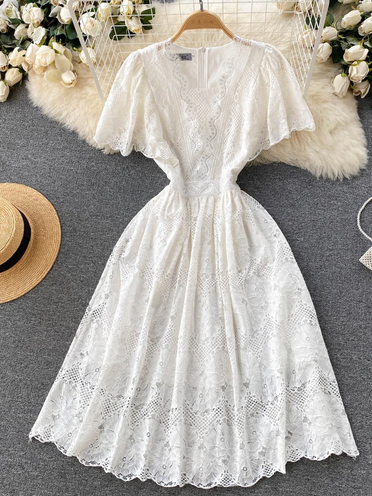 

Aibeautyer New Casual Summer Solid Slim Short Lady Dress A Line V Neck Chiffon Pullover Mid-Calf High Waist Women Dresses
