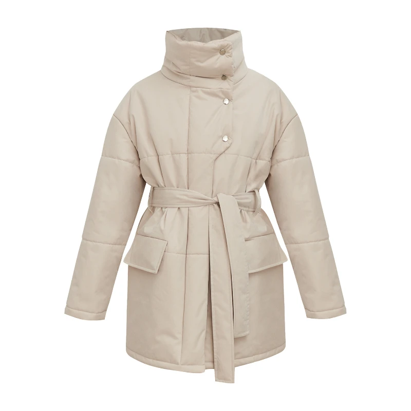 Tilorraine stand collar cotton jacket  2023 women waistband irregular button medium length winter clothes women coat
