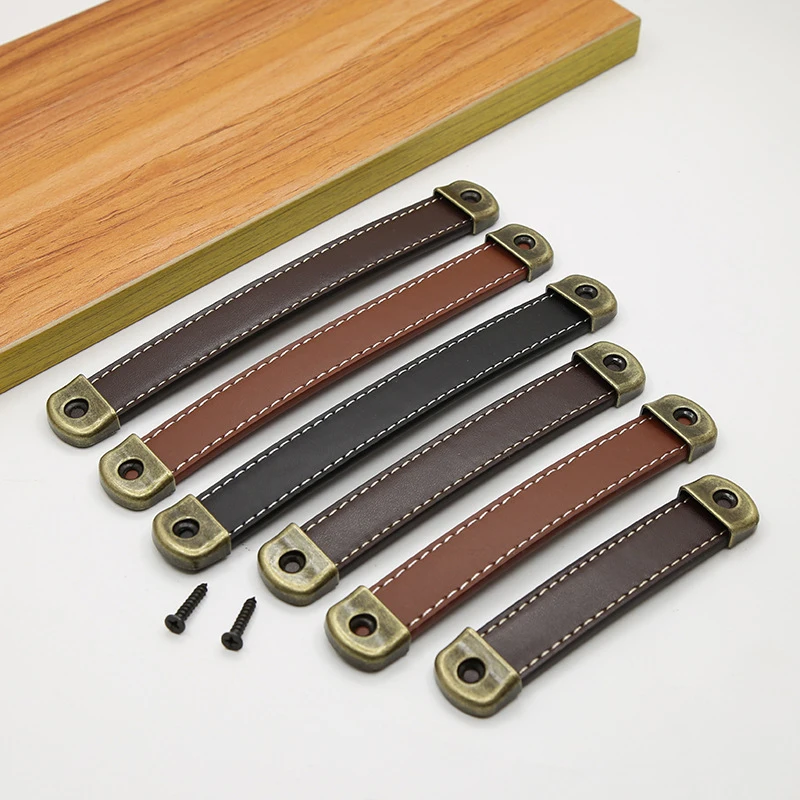 

Furniture cabinet Door Handle Cowhide Small Wardrobe Drawer Door Pull Wooden box gift box leather handle