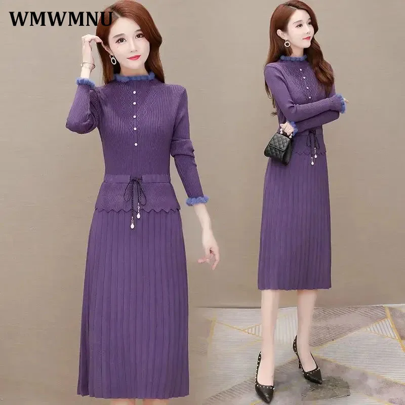 

Patchwork Casual Long Sleeve Slim Knitted Dress Women Fall Winter Thick Warm Korean Sweater Dresses Elegant Midi Vestidos Mujer