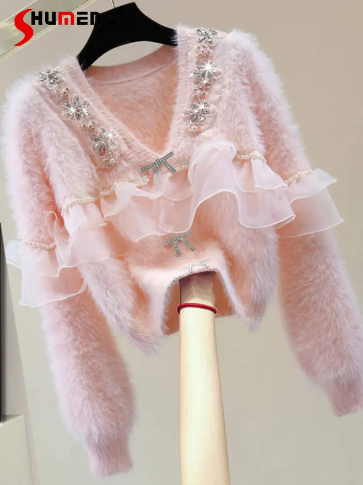 Elegant Pink Beads Rhinestones Sequined Short Sweaters 2022 Autumn and Winter New Korean Style Ruffled V-neck Mohair Cardigan