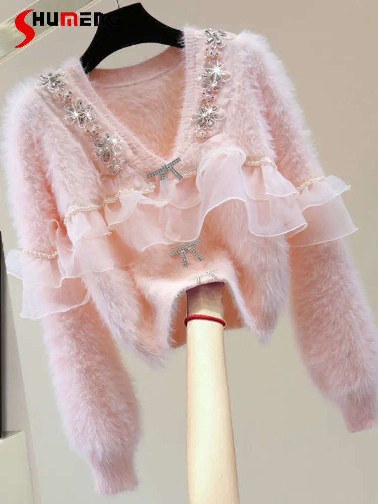 

Elegant Pink Beads Rhinestones Sequined Short Sweaters 2022 Autumn and Winter New Korean Style Ruffled V-neck Mohair Cardigan