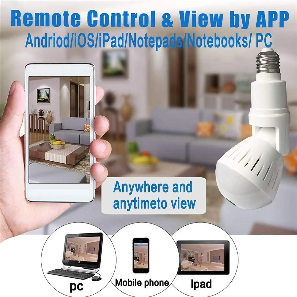 

WiFi Light Bulb Camera 1080P HD Wireless 360 Degree Panoramic IP Camera Surveillance Camera with Floodlight and Infrared Night