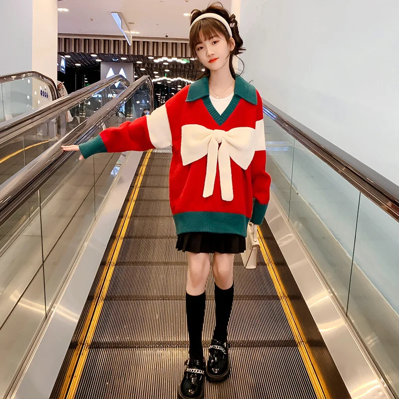 

2022 Fall New Girls Bow Knot Sweater Flip Splicing Color Sweater
