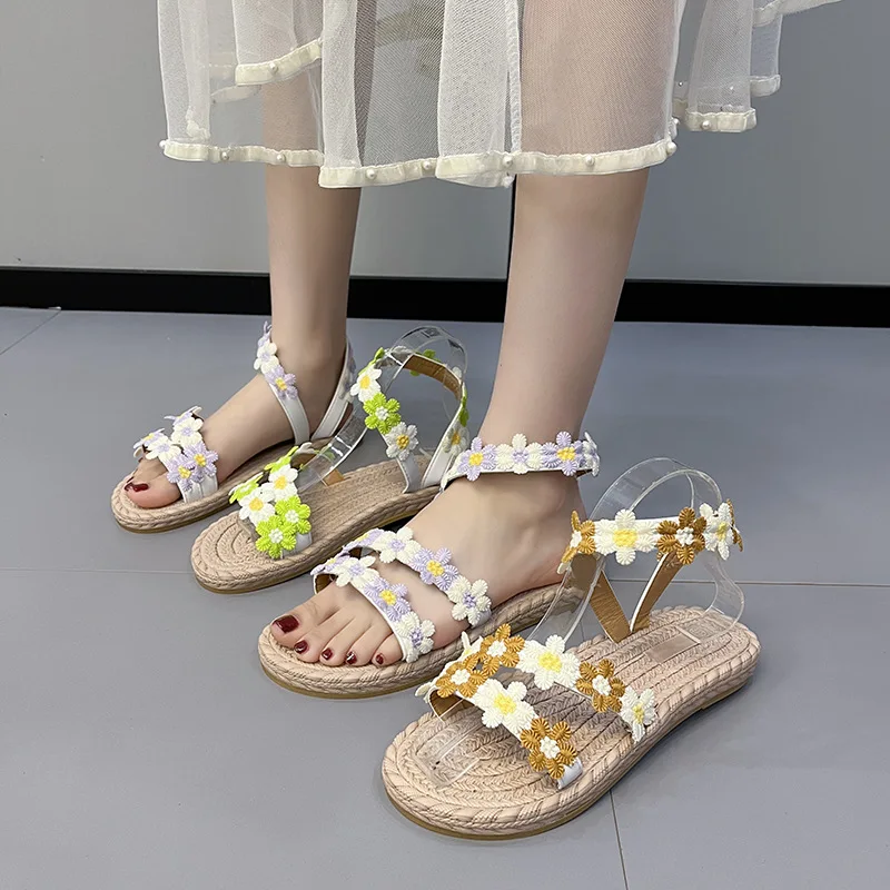 Beach Thin Ribbon Flower Sandal Women Flat Sandals Casual Toe Slipper Sandalias Zapatos Mujer Sapato Feminino Chaussure Femme