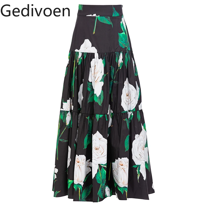 Gedivoen Fashion Runway Summer Skirt Women zipper Flowers Printing High waist Vintage Casual  Cotton Skirt