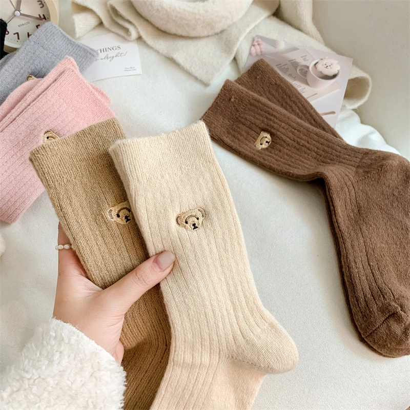 5 Pairs Women's Warm Socks Winter New In Casual Kawaii Cartoon Bear Embroidery Cute Socks For Women Solid Color Home Thick Comfy