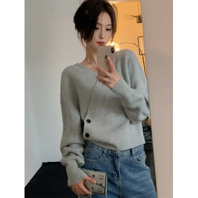 Vintaeg простой свободный женский свитер с V-образным вырезом повседневные