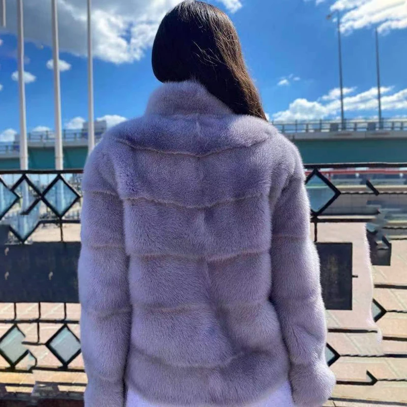 Purple Mink Fur Coats Women Winter New Luxury Temperament Outertwear Lady Stand Collar Cozy Genuine Mink Fur Jackets Female