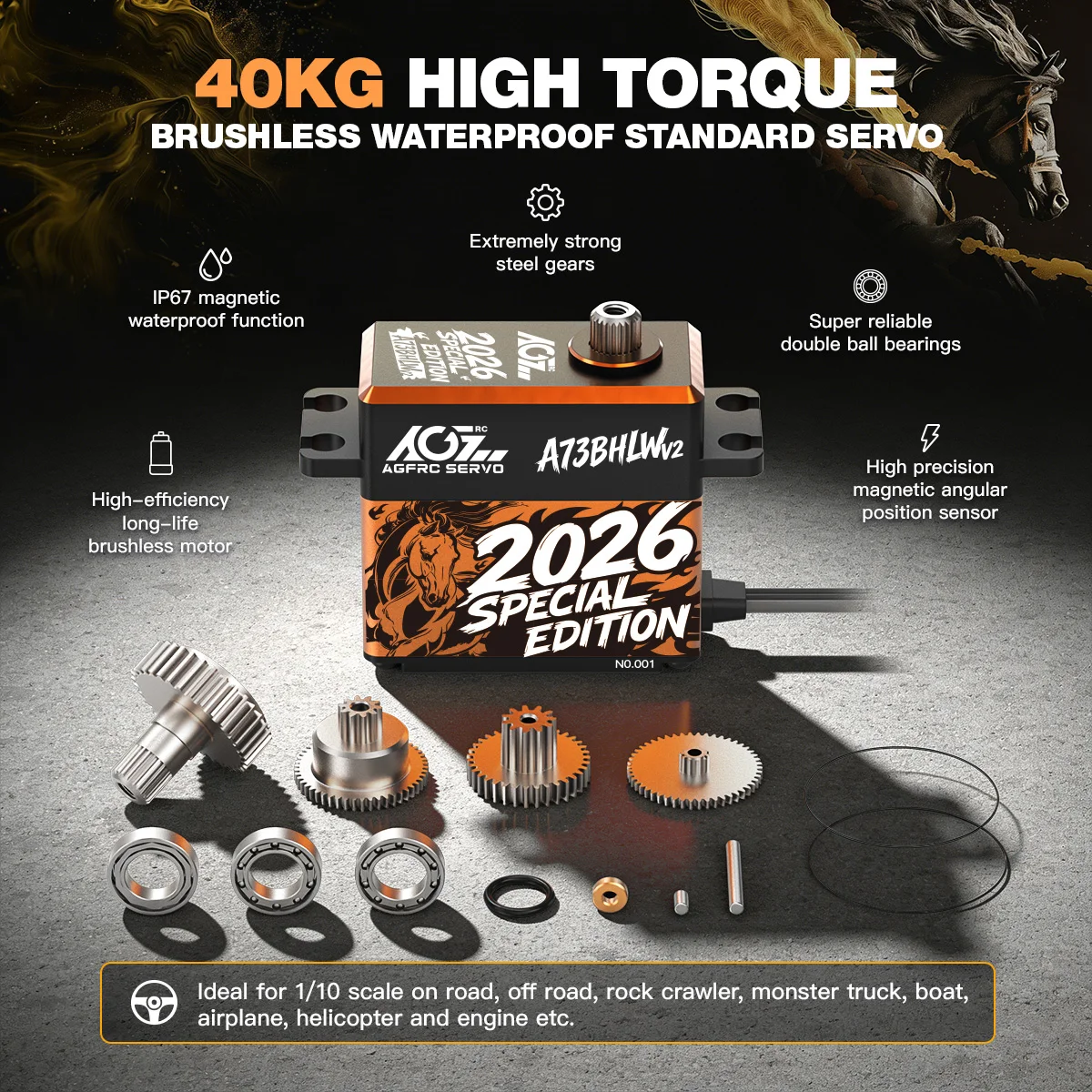 Фото AGFRC A73BHLW V2 2026 Special Edition HV 40 кг 0,10 с Высокомощный бесщеточный водонепроницаемый цифровой сервопривод с превосходным крутящим моментом для радиоуправляемых моделей №1
