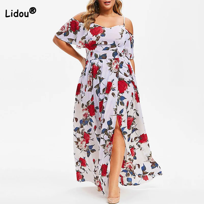 Bohemian Off Shoulder Floral Print Short Sleeve Summer Casual Plus Size Clothes High Waisted Women Slit Slip Ankle-Length Dress