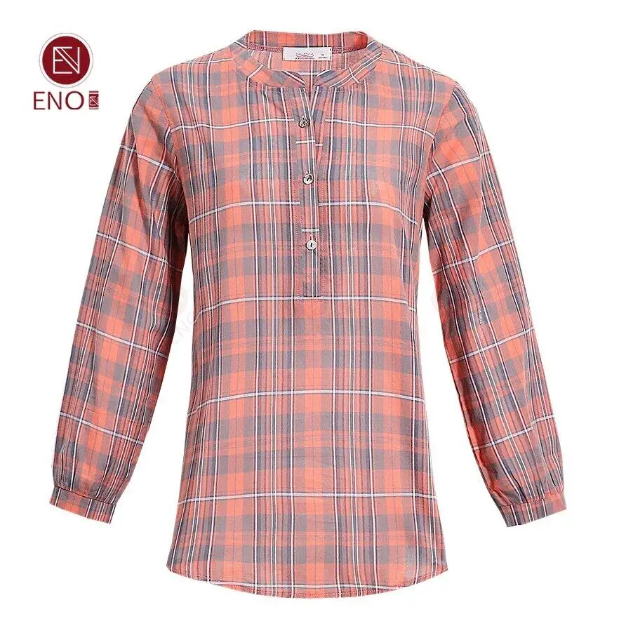 ENO Cotton and Linen Plaid Ladies Shirt Long Sleeve Top