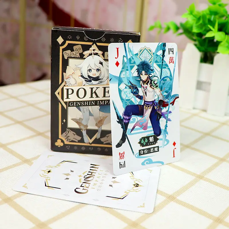 

Game Genshin Impact Poker Card Board Game Xiao Zhongli Kamisato Ayaka Aether Lumine Cartoon Figures Playing Cards Toy Kids Gifts