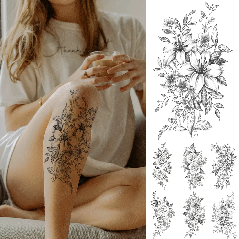 

Waterproof Temporary Tattoo Sticker Line Lily Leaf Rose Peony Sunflower Henna Tatto Women Men Arm Body Art Fake Sleeve Tattoos