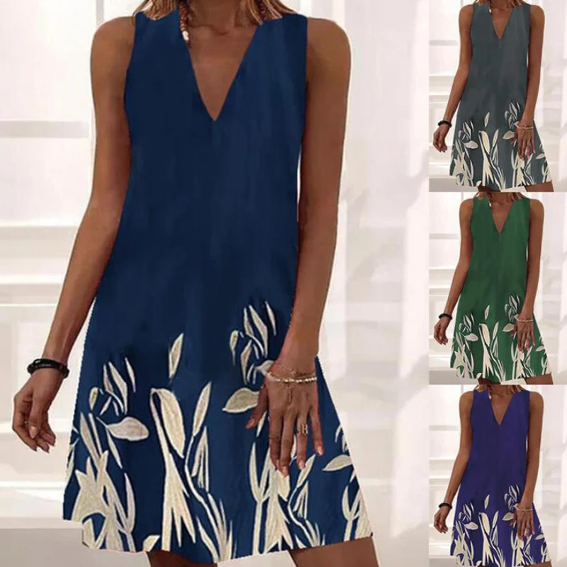 

V Neck Beach Boho Sleeveless Dress Women Summer 2022 Clothing Casual Loose Floral Print Vintage Vest Pullover Plus Size Sundress