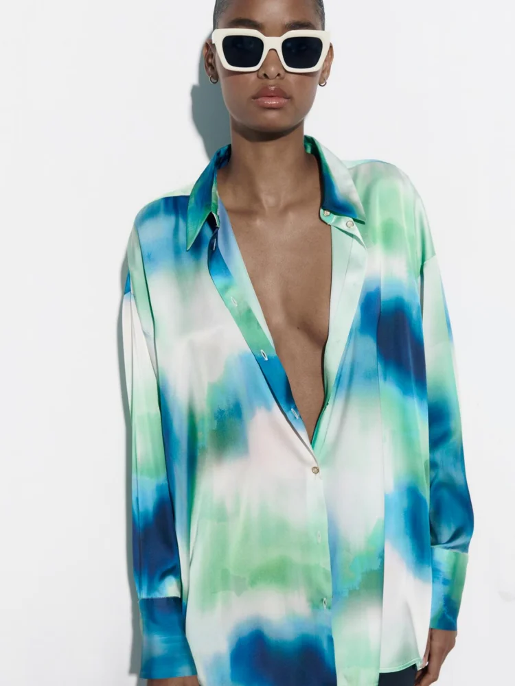 

TAOP&ZA 2023 New Women's Clothing Retro Long-sleeved Lapel Casual Side Slit Shirt Tie-dye Loose Shirt Top 2632268