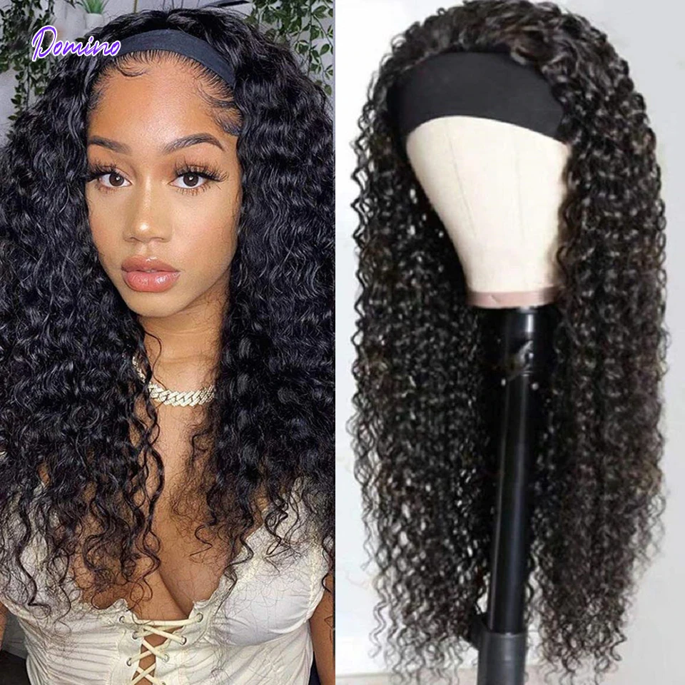 

Deep Wave Headband Wig for Women Human Hair Curly Wig Headband Wigs Human Hair Deep Wave Jet Black with Bangs for Black Women