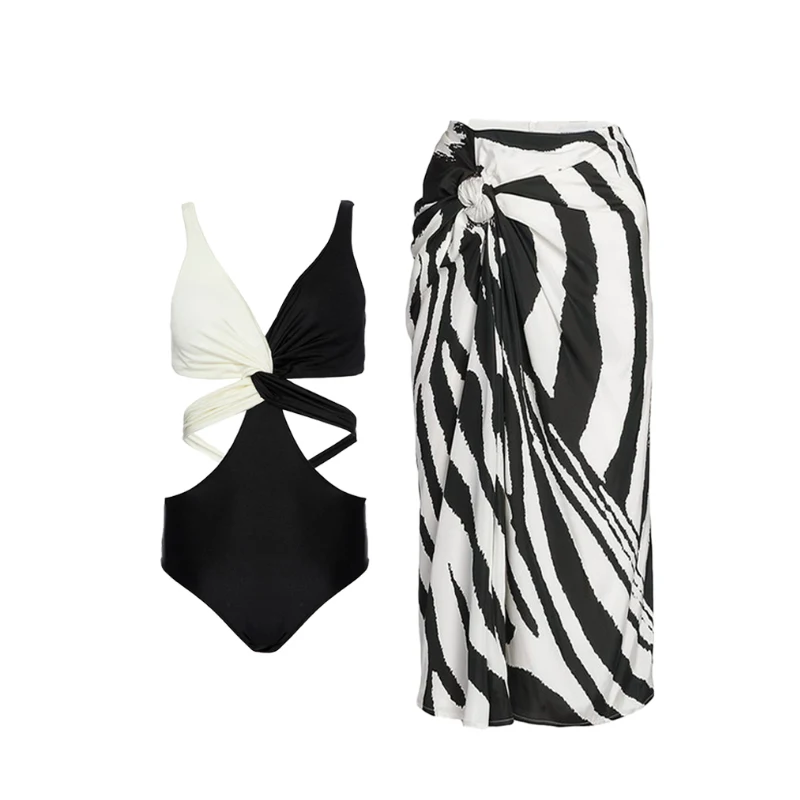 Черно-белый слитный купальник с перекрестными вырезами для женщин сексуальный