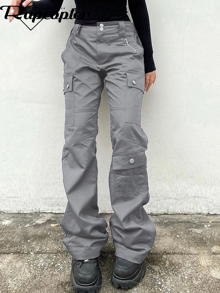 Rapcopter-pantalones vaqueros Cargo Y2K grises para mujer, pantalón holgado con bolsillos grandes y cremallera, ropa de calle Punk coreana, Joggers de los 90