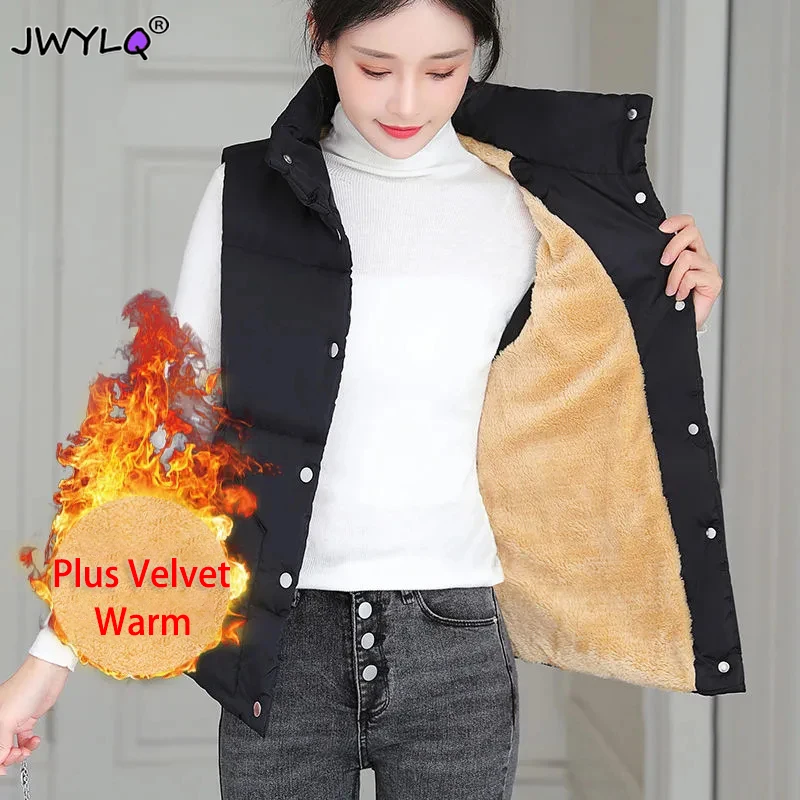 

Plus Velvet Warm Single-breasted Coats Vest Women All-match Stand Collar Pocket Jackets Autumn Winter Simple Slim Outwear Women