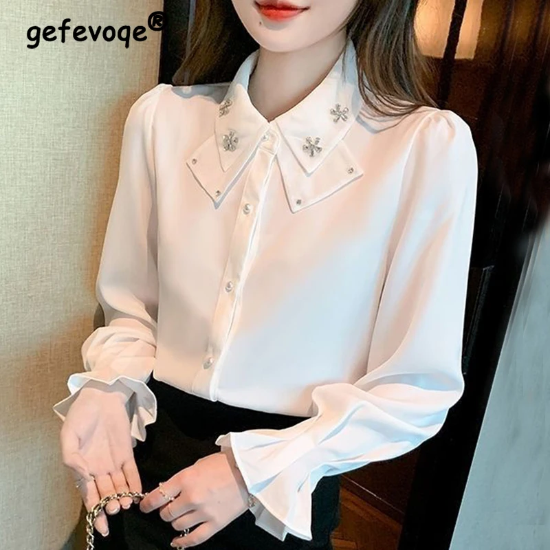 

Новинка весна-осень шифоновая Элегантная Модная темпераментная рубашка Женская милая однотонная блузка с длинным рукавом Женские эстетические шикарные женские блузки