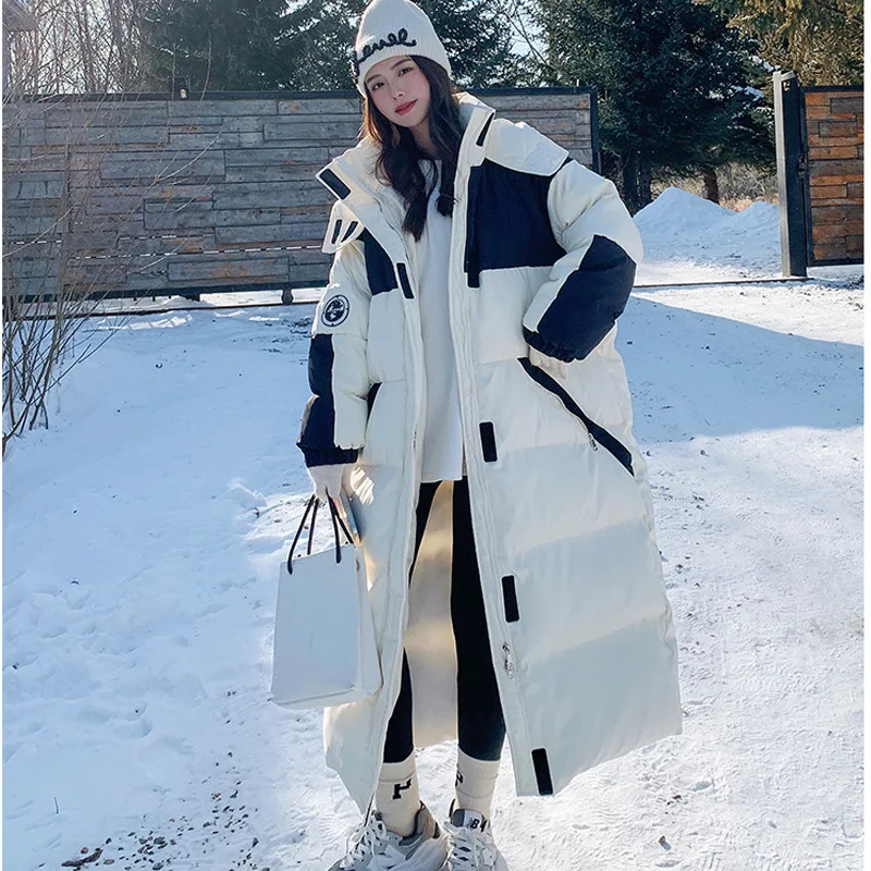 Women's X-long Black White Down Cotton Hoodie Coat Ankle Length Lengthened Oversize Loose Overcoat Thicken Warm Jacket Snowwear