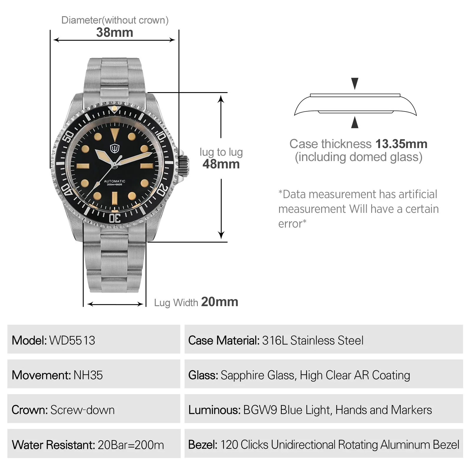 Watchdives WD5513 38 мм часы для дайвинга NH35 автоматический механизм 20 бар водостойкие