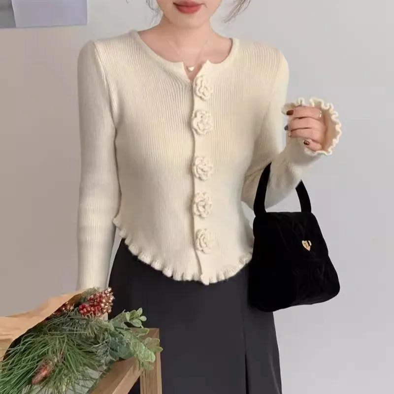 Корейские элегантные свитера с розами Женские приталенные шикарные вязаные